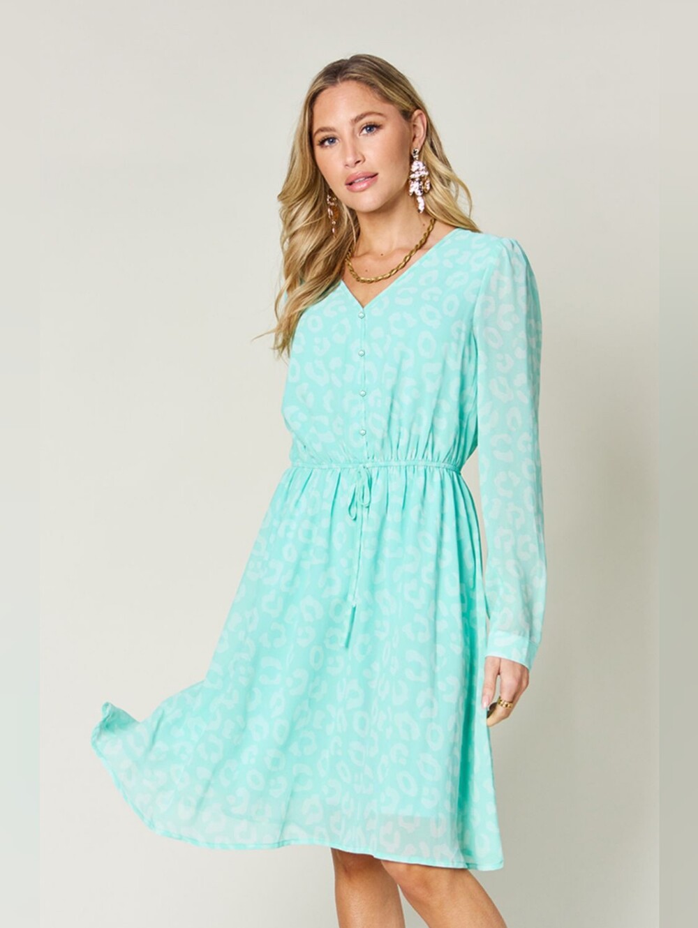 Women's Mint V-Neck Long Sleeve Fit & Flare Dress- Plus Sizes Avail.